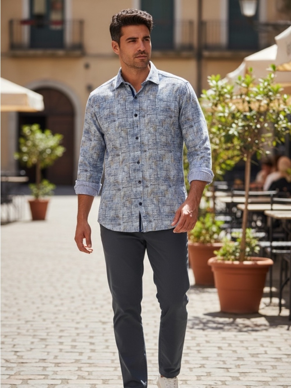 Jermyn & Bond Modern Fit Blue Geometric Cotton Button-Down Shirt Size L